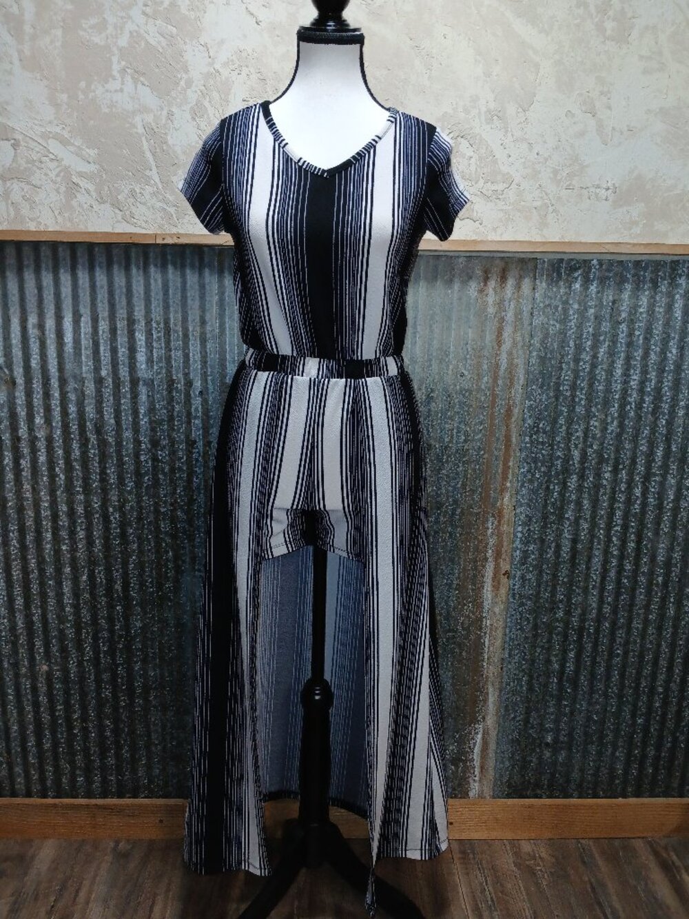1st Kiss Striped Romper w/ Long Cape High‑Low Overlay Black White Elastic Waist